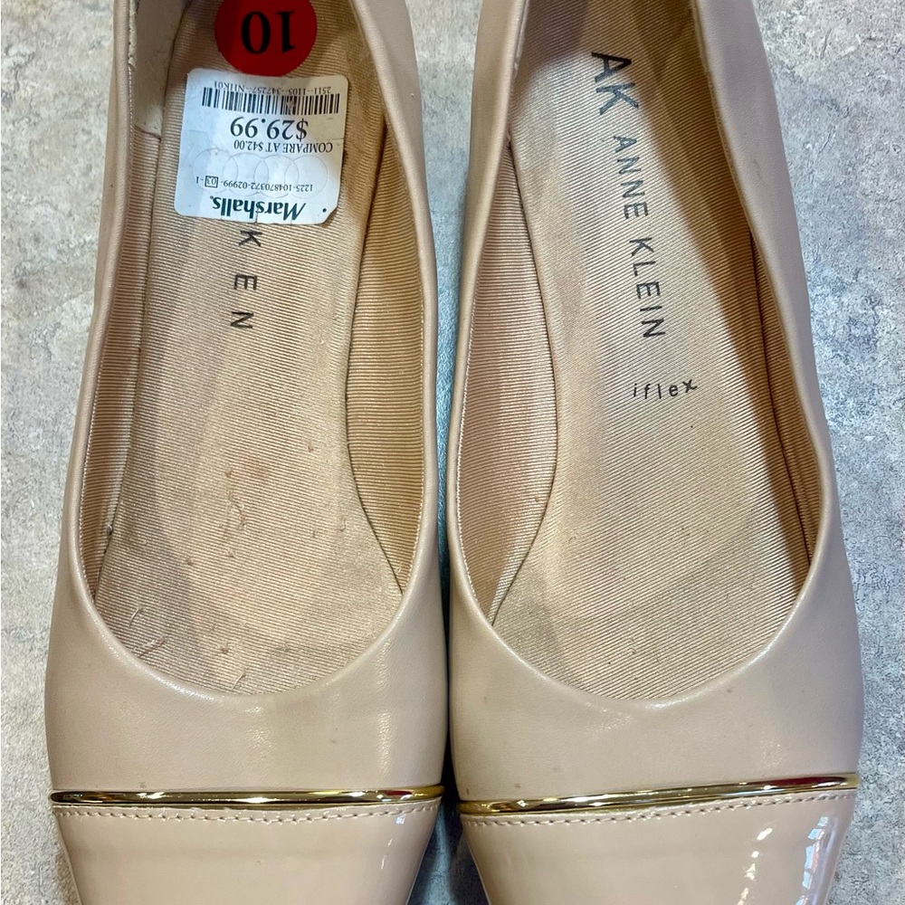 Anne Klein Nude Patent Ballet Flats with Gold Accent